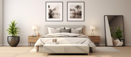 A modern bedroom featuring a large bed with a duvet, a mirror reflecting the bed, a bench, and a blank frame decor. The room has a clean and sleek design.