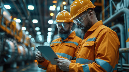 Industry engineers use tablet and discuss work working in steel Factory. Generative AI.