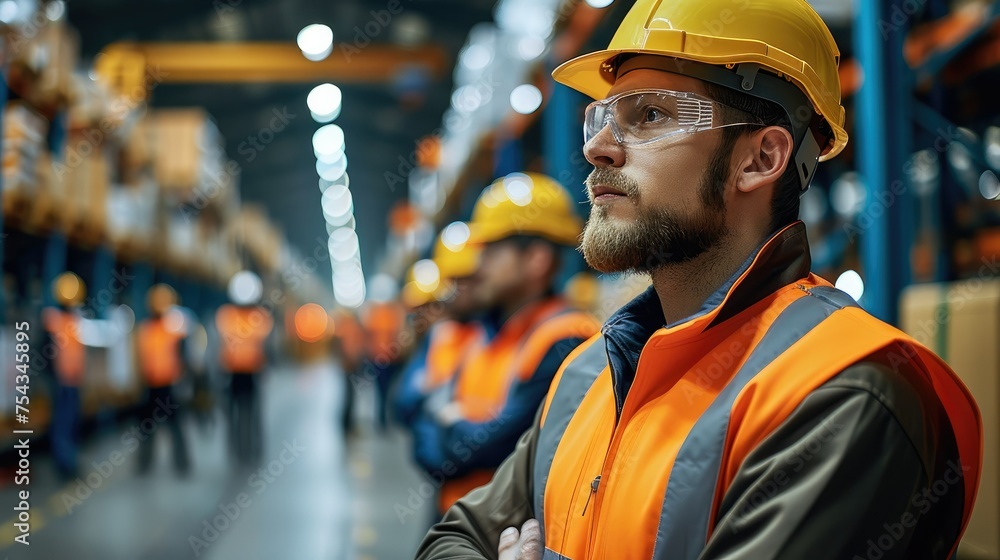Aufkleber group of logistic employees in a production hall. generative ai.