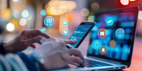 Digital online marketing commerce sale concept. Woman using tablet payments online shopping and icon customer network connection on hologram virtual screen