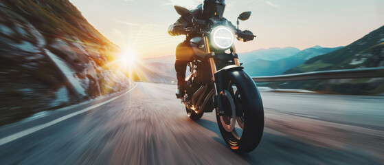 A motorcyclist speeds down a mountainous road at sunset, capturing a sense of adventure.