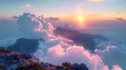 A mountaintop with sunrise and lots of clouds. Generative AI. - obrazy, fototapety, plakaty