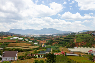 Beautiful Landscape With Mountain And Farm In Da Lat, Vietnam. Da Lat Is A Famous City For Travellers In Lam Dong Province, Vietnam.