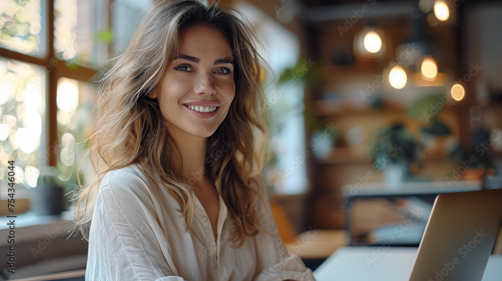 Poster woman smiling using a laptop on a video call in office. generative ai.