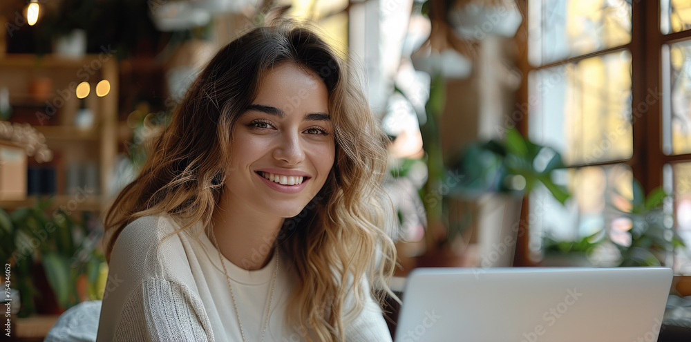 Poster woman smiling using a laptop on a video call in office. generative ai.