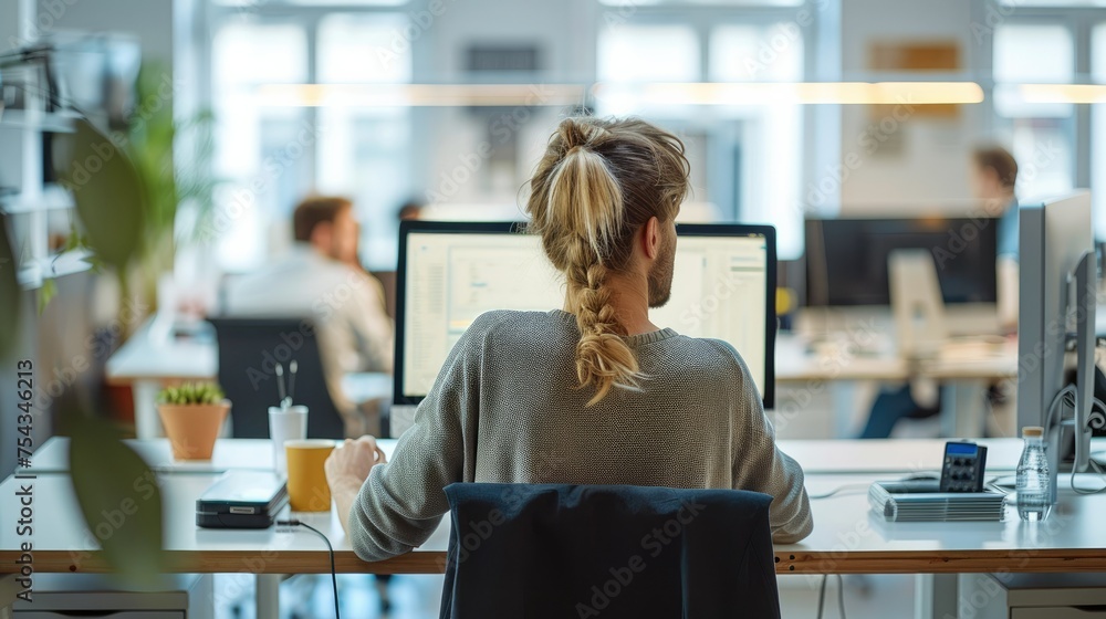 Poster people working at a desk with a pc in a modern office. generative ai.