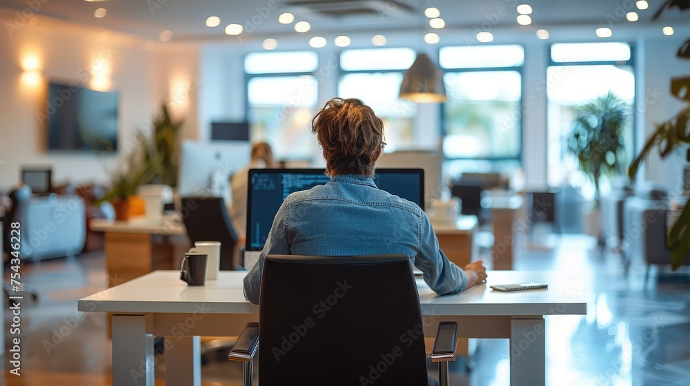 Poster people working at a desk with a pc in a modern office. generative ai.