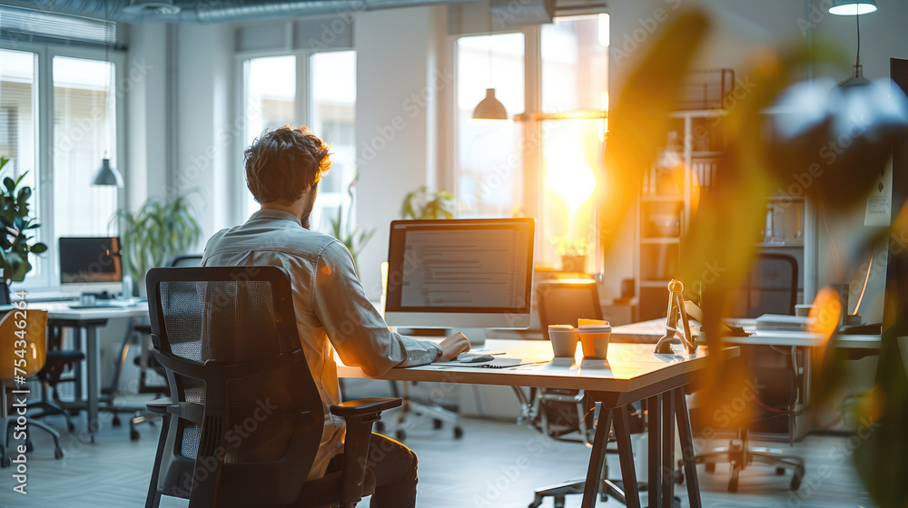 Poster people working at a desk with a pc in a modern office. generative ai.