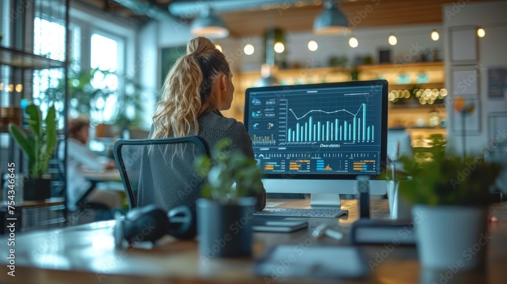 Poster People in a meeting in the office talking about a boring topic with a lot of charts and a monitor showing a growing chart. Generative AI.