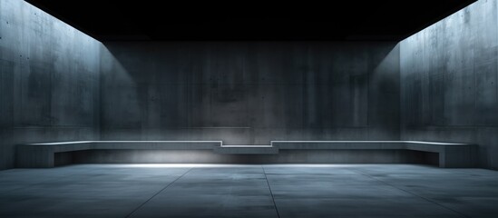 A dimly lit room with concrete walls and benches set against them. The room exudes a somewhat eerie atmosphere due to the low lighting. The benches are empty, casting shadows on the floor.