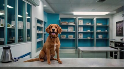 A cute dog in a veterinary clinic. Portrait of a dog at a vet's appointment ,