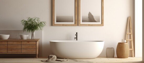 A white bathtub is positioned next to a classic vintage wooden dresser in a Scandinavian bathroom setting. The interior design features an empty painting for a minimalist look.