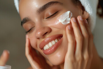 Delicate hands applying a nourishing cream to a beaming woman's radiant face, enhancing her natural glow