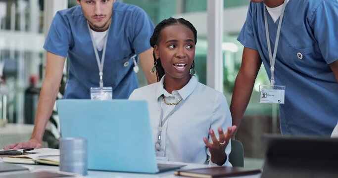 Woman, laptop and medical teamwork with nurse internship in office building for employee training, feedback or research. Female person, collaboration and brainstorming report, results or solution