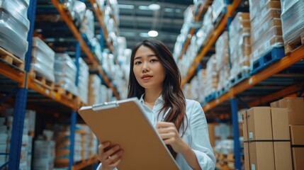 Happy Asian businesswoman or manager with clipboard checking at warehouse. Generative AI.