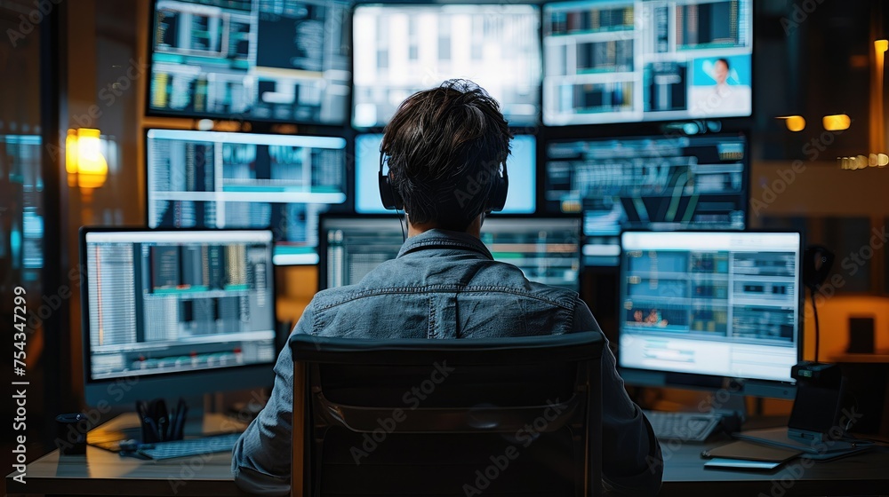 Aufkleber Man is sitting in front of various lcd screens on working desk in his office. Generative AI.