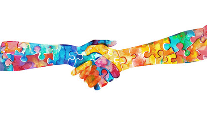 front view colorful handshake with puzzle details. On a white isolated background, With copy space for text. For World Autism Awareness Day	 - obrazy, fototapety, plakaty