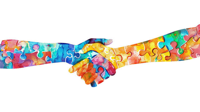 front view colorful handshake with puzzle details. On a white isolated background, With copy space for text. For World Autism Awareness Day, Autistic Pride Day