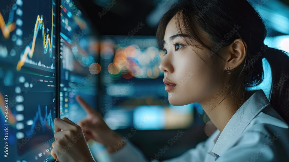 Poster Professional female asian data analyst fine-tuning data on a computer screen. Generative AI.