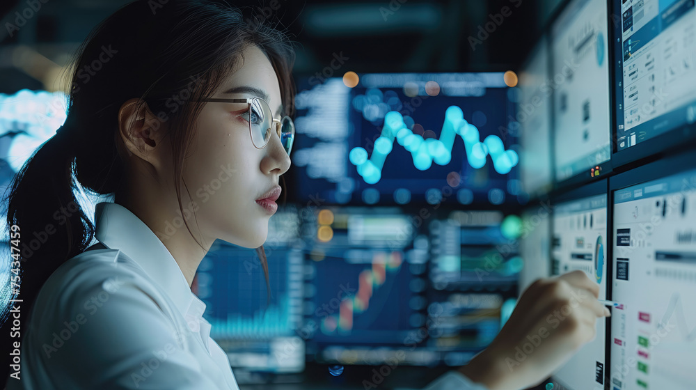 Poster Professional female asian data analyst fine-tuning data on a computer screen. Generative AI.