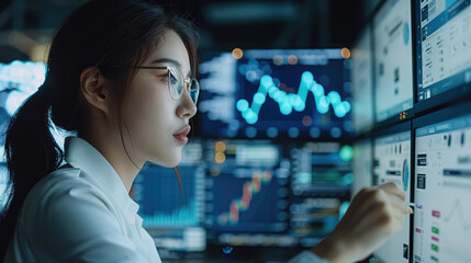 Professional female asian data analyst fine-tuning data on a computer screen. Generative AI. - obrazy, fototapety, plakaty