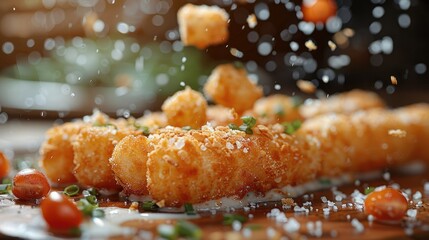A long mozzarella sticks in breadcrumbs falling in the air, on a wooden table, on a wooden table....