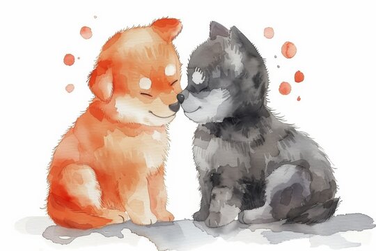 A couple of cute puppies holding hands and kissing, watercolor illustration. ai generated