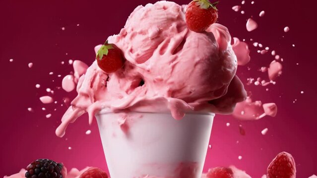 Pink ice cream cone with strawberries and raspberries on top