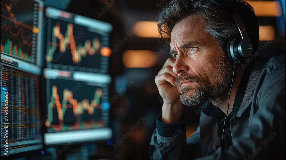 Leinwandbilder sad trader sitting with computer screens. generative ai.