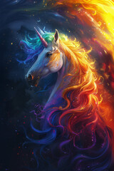 A stunning graphic depicting a unicorn in a rainbow of colors.
