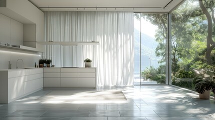 Open kitchen with white minimalist decor, white floor-to-ceiling gauze curtains. Generative AI. - 754348073