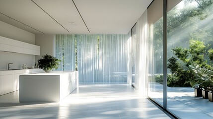 Open kitchen with white minimalist decor, white floor-to-ceiling gauze curtains. Generative AI.
