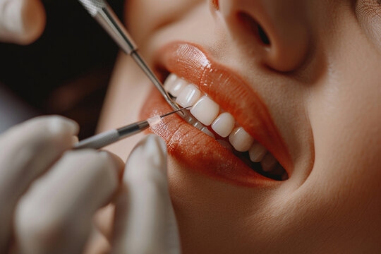 Detail shot of a serene woman's lips curved into a smile as she receives a luxurious lip treatment, radiating happiness