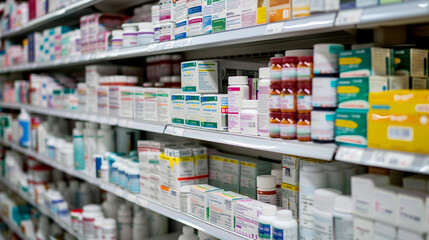 Fototapeta premium A pharmacy shelf with many different types of medicine