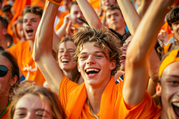 Fototapeta na wymiar Dutch football soccer fans in a stadium supporting the national team, Oranje 