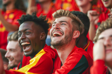 Belgian football soccer fans in a stadium supporting the national team, Rode Duivels, Diables Rouges
