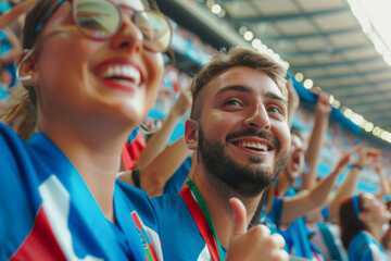 Italian football soccer fans in a stadium supporting the national team, Squadra Azzurra
