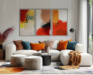 A living room with a white couch and three paintings on the wall