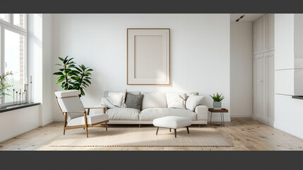 A living room with a white couch and a white chair
