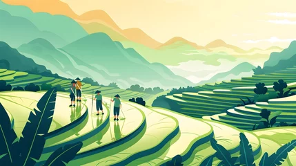 Deurstickers Thailand. Rice terraces agricultural sceneries. Rice fields with asian farmers. Vector illustration. People planting and grow rice in rainy season. © Ziyan Yang