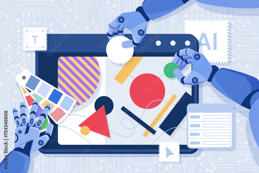 Poster Creation of visual content with AI, automation of art production. Robot arms hold geometric shapes and palette of colors to create together digital content on tablet screen cartoon vector illustration