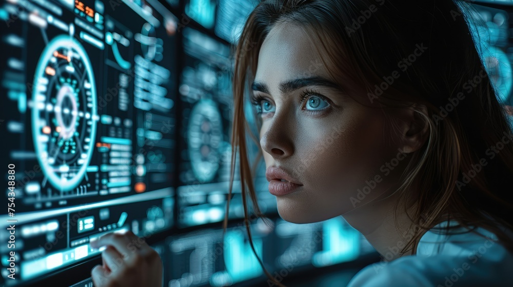 Poster professional woman working at cyber security operator. generative ai.