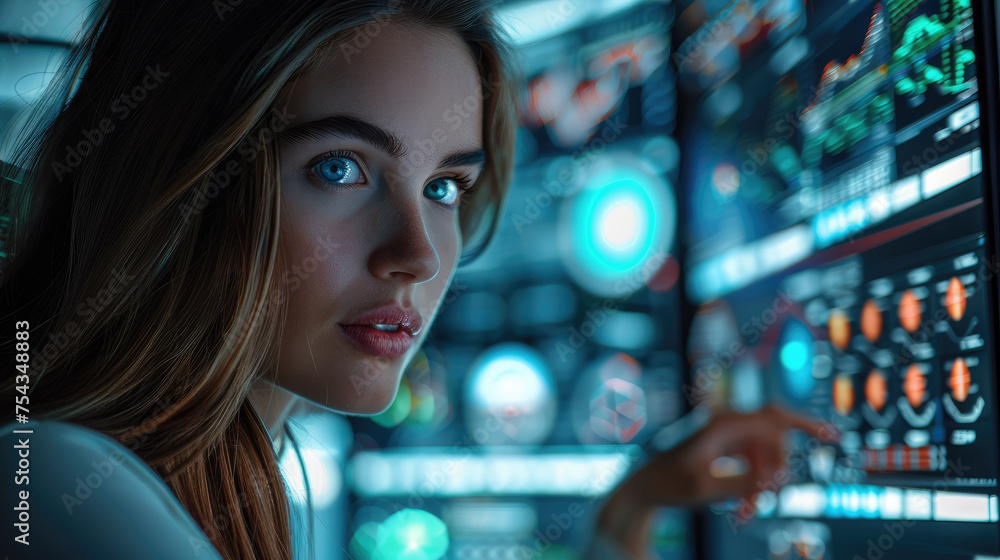 Poster professional woman working at cyber security operator. generative ai.