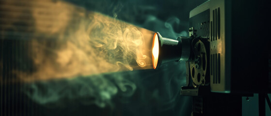 Intense film projector light cutting through smoke, capturing cinematic drama.
