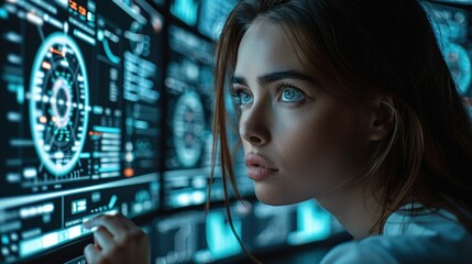Professional woman working at cyber Security Operator. Generative AI.