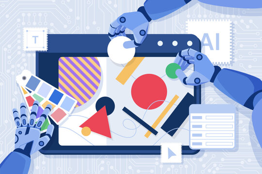 Creation of visual content with AI, automation of art production. Robot arms hold geometric shapes and palette of colors to create together digital content on tablet screen cartoon vector illustration