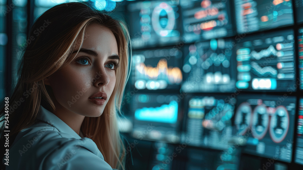 Poster professional woman working at cyber security operator. generative ai.