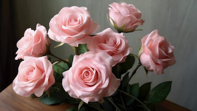 Bouquet of pink roses is arranged in vase