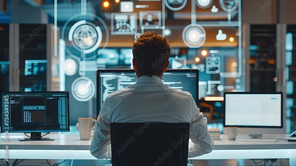 Leinwandbilder Rear view. An corporate employee working with a computer, a representation of him searching for things across multiple platforms and interfaces, modernistic. Generative AI.