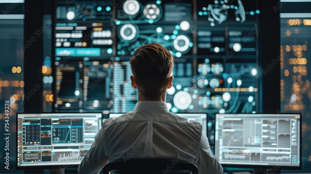 Leinwandbilder Rear view. An corporate employee working with a computer, a representation of him searching for things across multiple platforms and interfaces, modernistic. Generative AI.